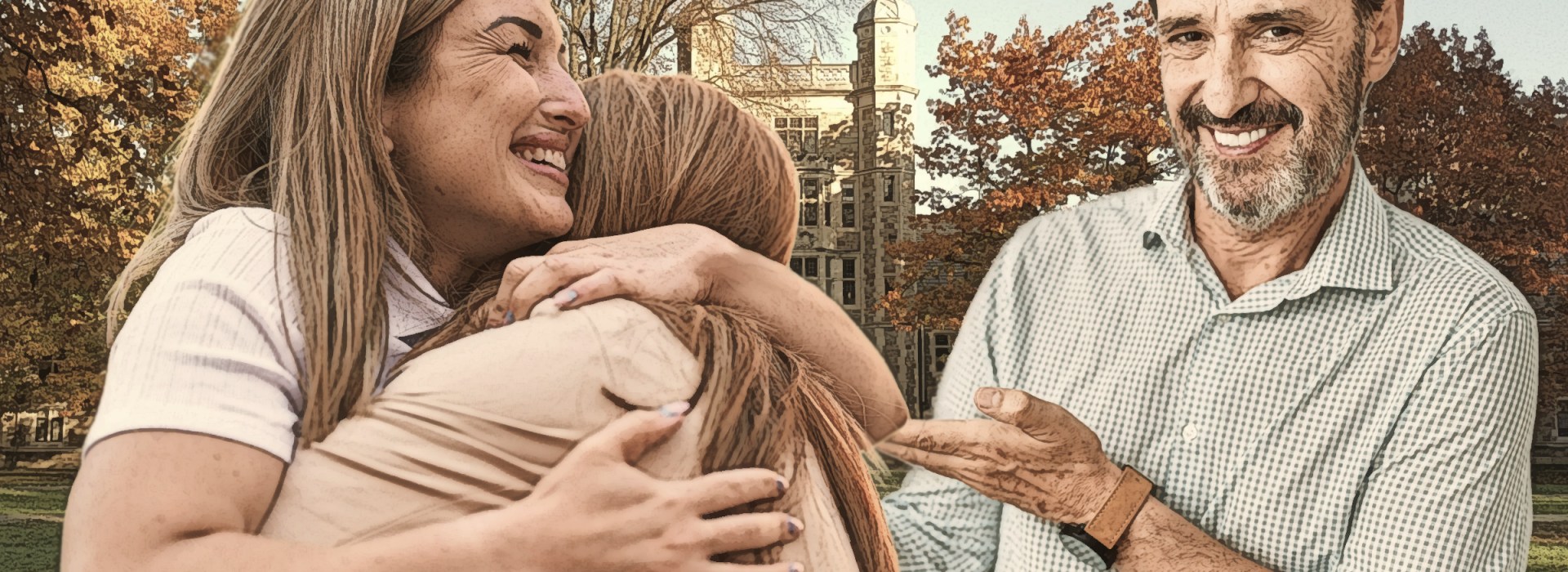 mom dad hugging college daughter