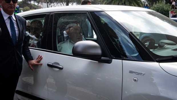 Pope Francis waves from a window of the Gemelli hospital before to be discharge after a five weeks hospitalization for pneumonia, in Rome on March 23, 2025.