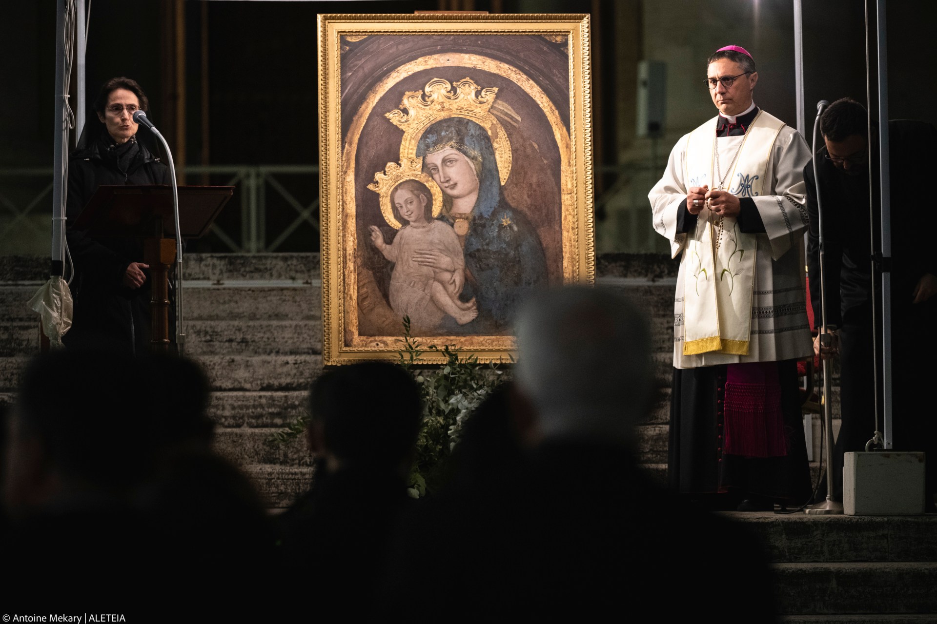 Governor of the State of Vatican City, Sister Raffaella Petrini prays in St. Peter's Square, at the Vatican, during a vigil rosary for the recovery of Pope Francis, at the Vatican, Saturday, March 15, 2025