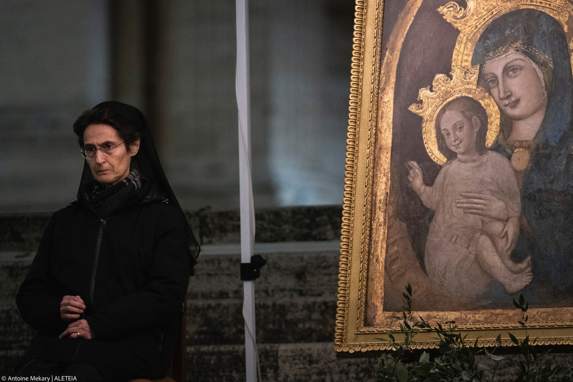 Governor of the State of Vatican City, Sister Raffaella Petrini prays in St. Peter's Square, at the Vatican, during a vigil rosary for the recovery of Pope Francis, at the Vatican, Saturday, March 15, 2025.