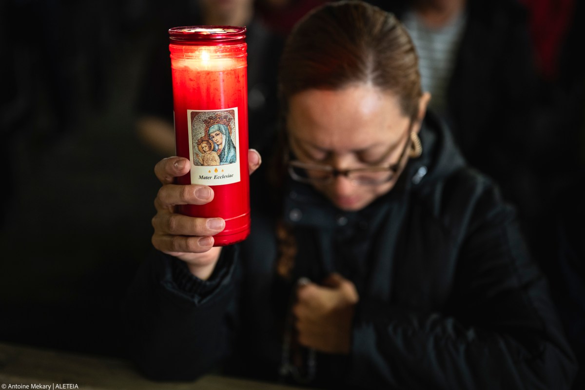 Faithful pray in St. Peter's Square, at the Vatican, during a vigil rosary for the recovery of Pope Francis, Saturday, March 15, 2025.
