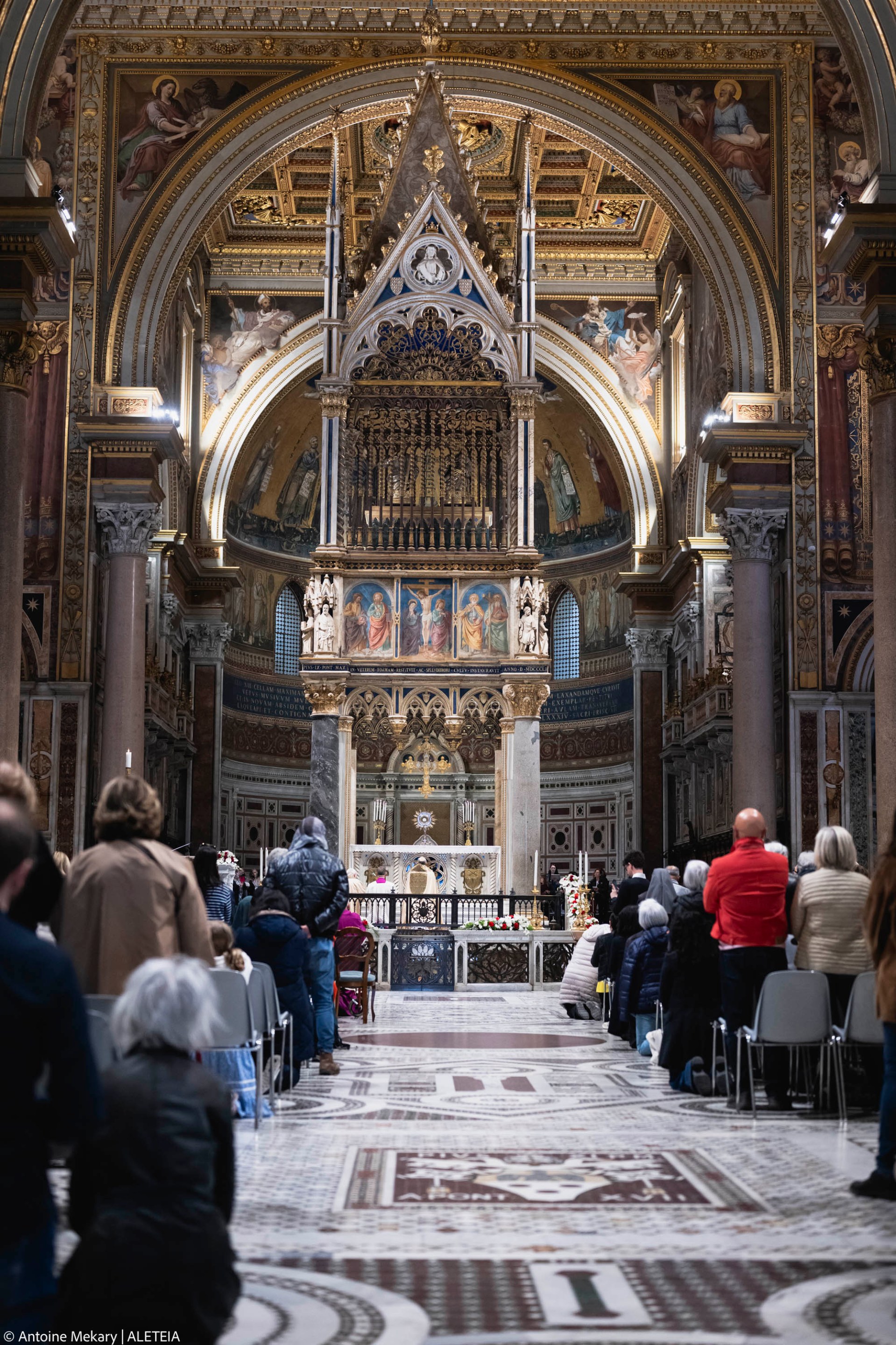 Cardinal Baldassare Reina leads a Eucharistic adoration for Pope Francis at Rome’s Basilica of St. John Lateran on Thursday, April 24, 2025