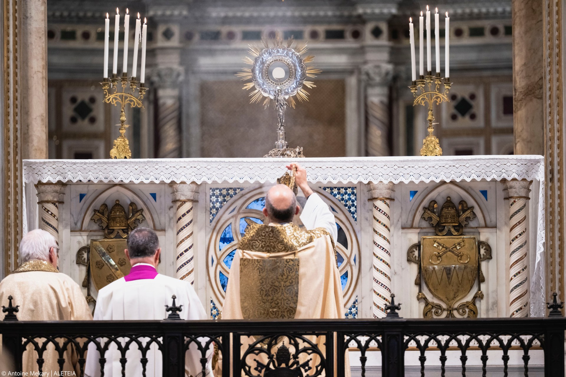 Cardinal Baldassare Reina leads a Eucharistic adoration for Pope Francis at Rome’s Basilica of St. John Lateran on Thursday, April 24, 2025