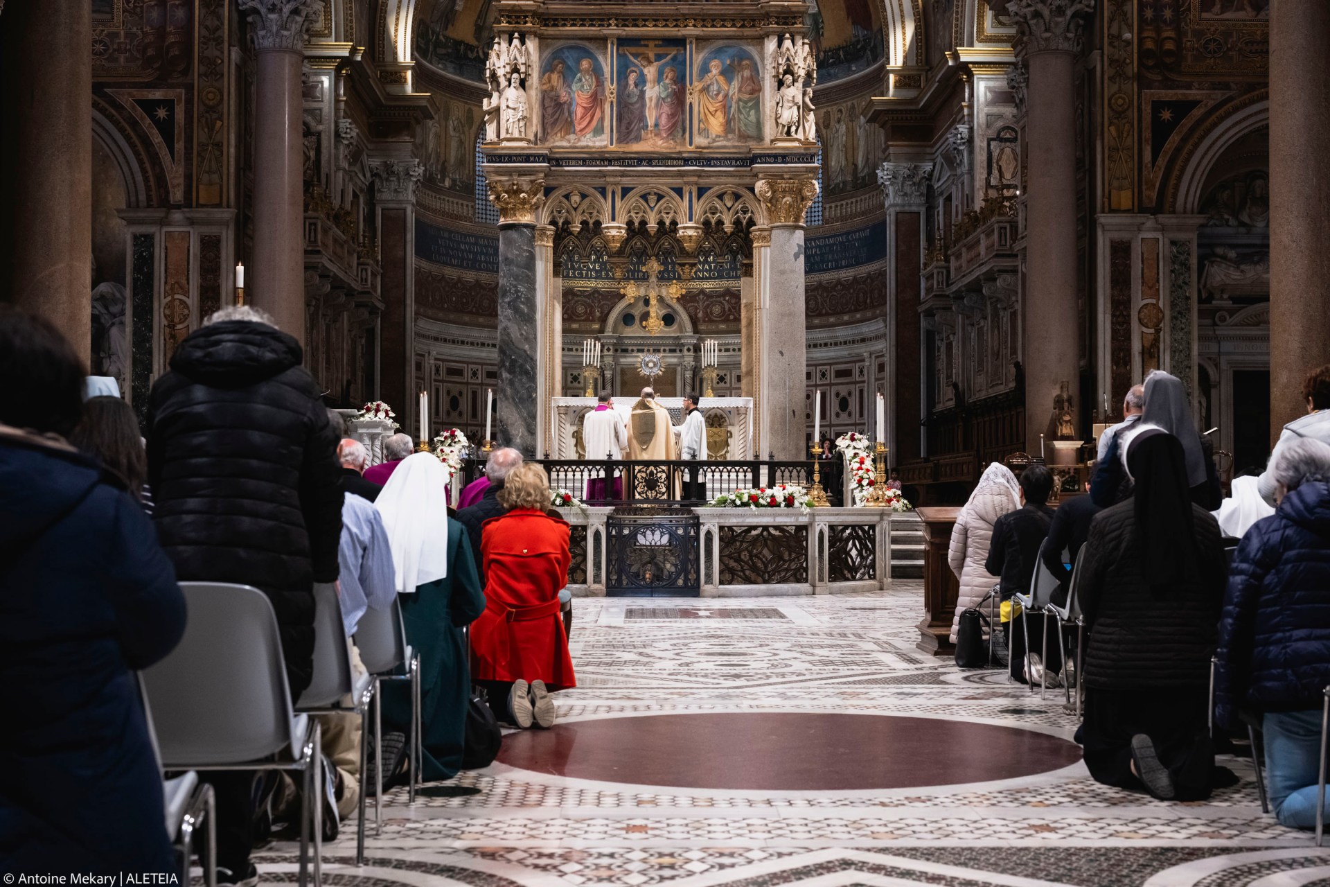 Cardinal Baldassare Reina leads a Eucharistic adoration for Pope Francis at Rome’s Basilica of St. John Lateran on Thursday, April 24, 2025