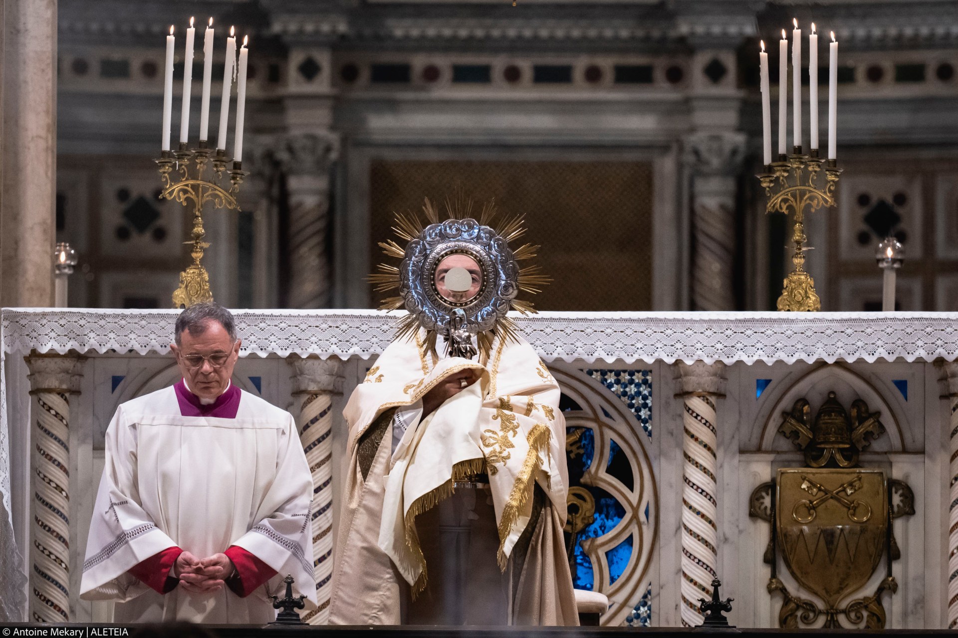 Cardinal Baldassare Reina leads a Eucharistic adoration for Pope Francis at Rome’s Basilica of St. John Lateran on Thursday, April 24, 2025