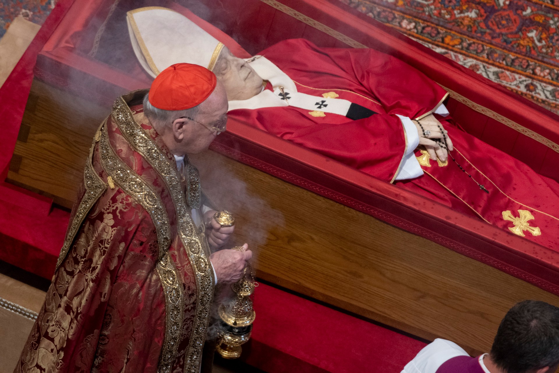 coffin of the late Pope Francis inside St Peter's Basilica as it is transported in a procession from the chapel of Santa Marta to St Peter's Basilica, following the Pope's death, in the Vatican on April 23, 2025.