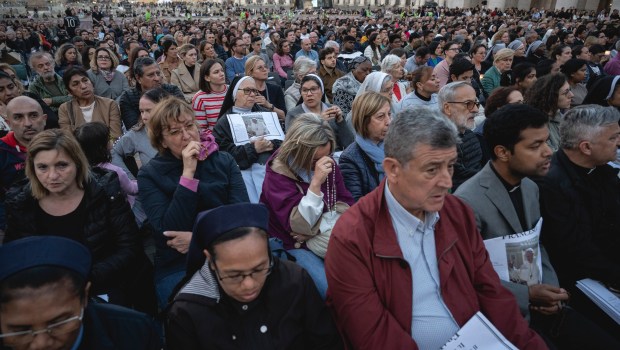 Faithful pray during the Rosary prayers in honor of Pope Francis