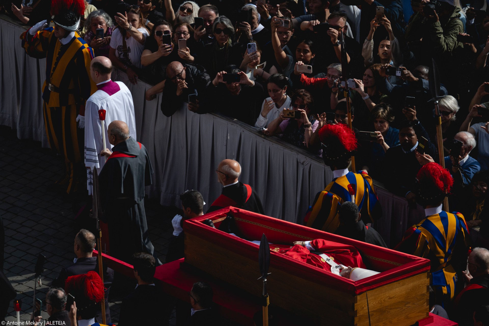 Pallbearers carry the coffin of the late Pope from the chapel of Santa Marta to St. Peter's Basilica in the Vatican on April 23, 2025.