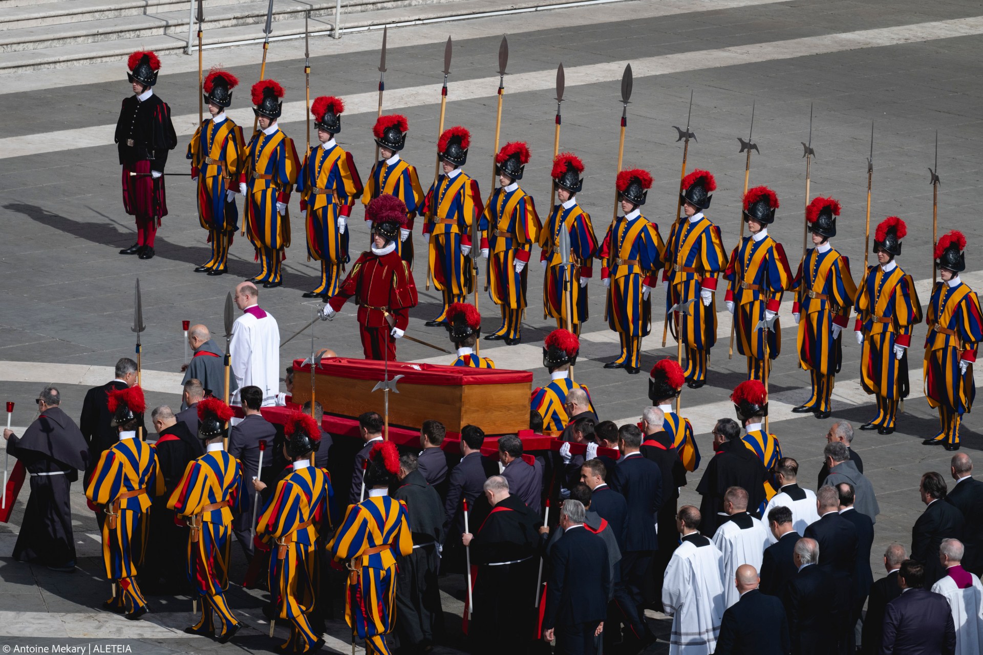 Pallbearers carry the coffin of the late Pope from the chapel of Santa Marta to St. Peter's Basilica in the Vatican on April 23, 2025.