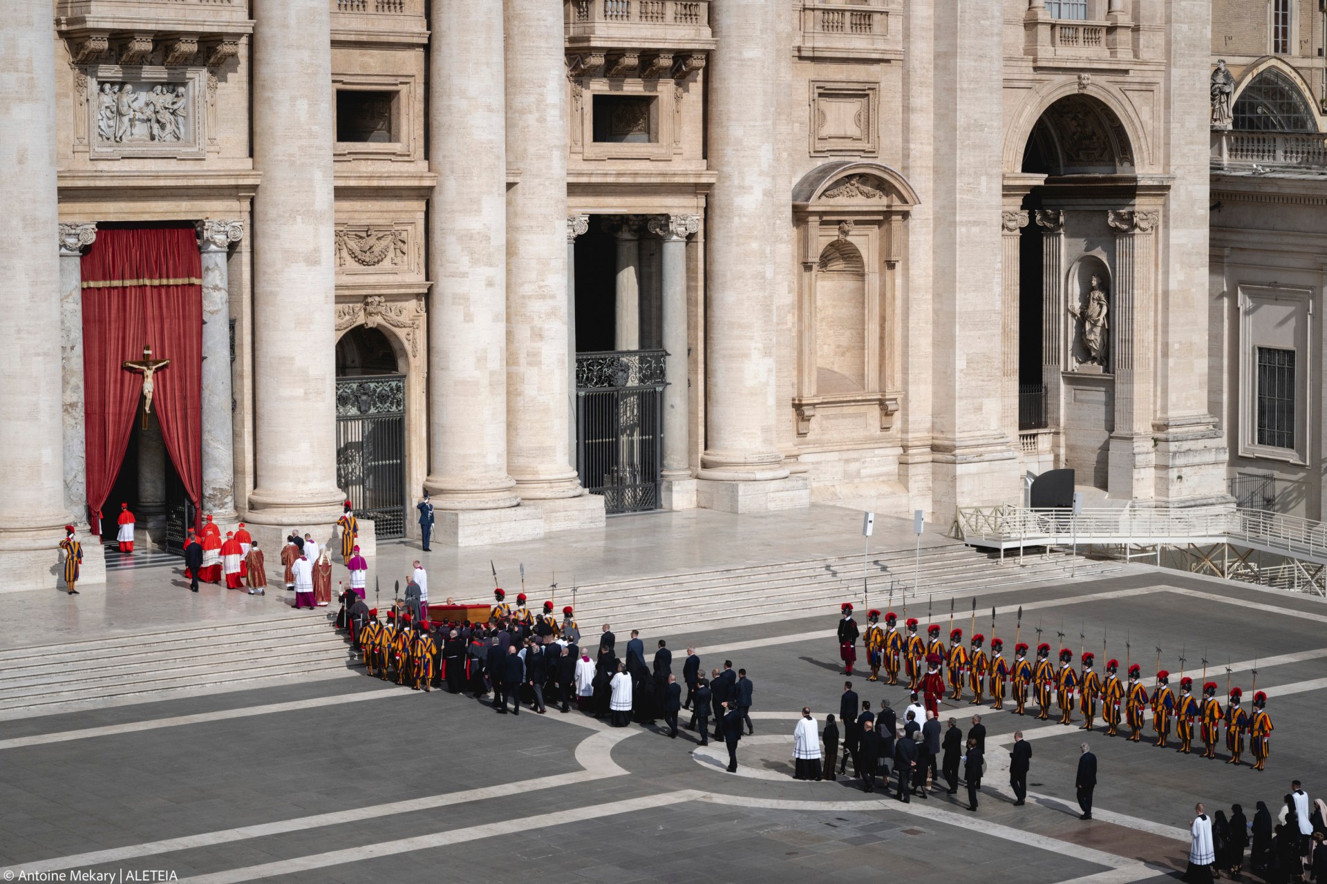 Pallbearers carry the coffin of the late Pope from the chapel of Santa Marta to St. Peter's Basilica in the Vatican on April 23, 2025.