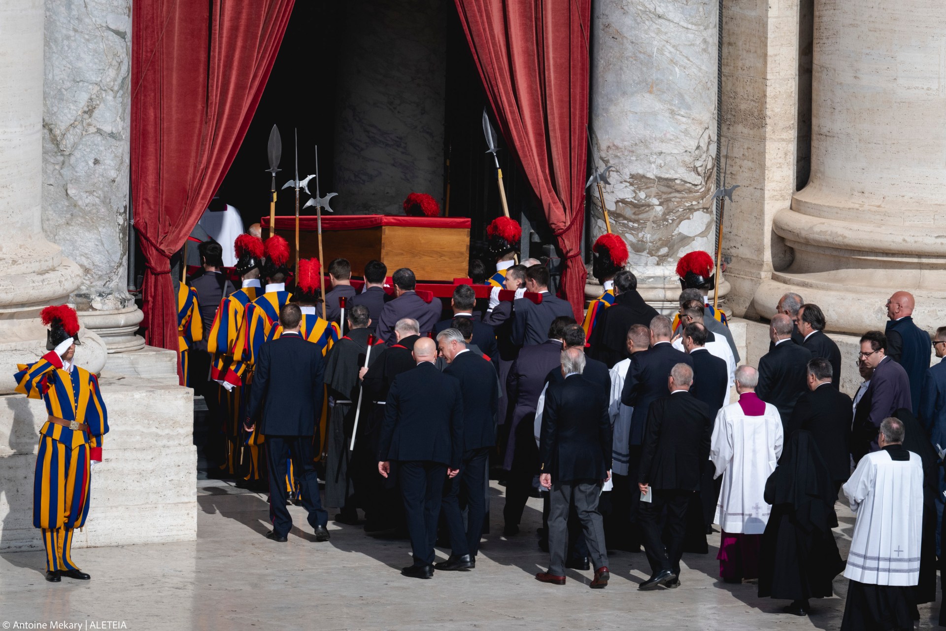 Pallbearers carry the coffin of the late Pope from the chapel of Santa Marta to St. Peter's Basilica in the Vatican on April 23, 2025.