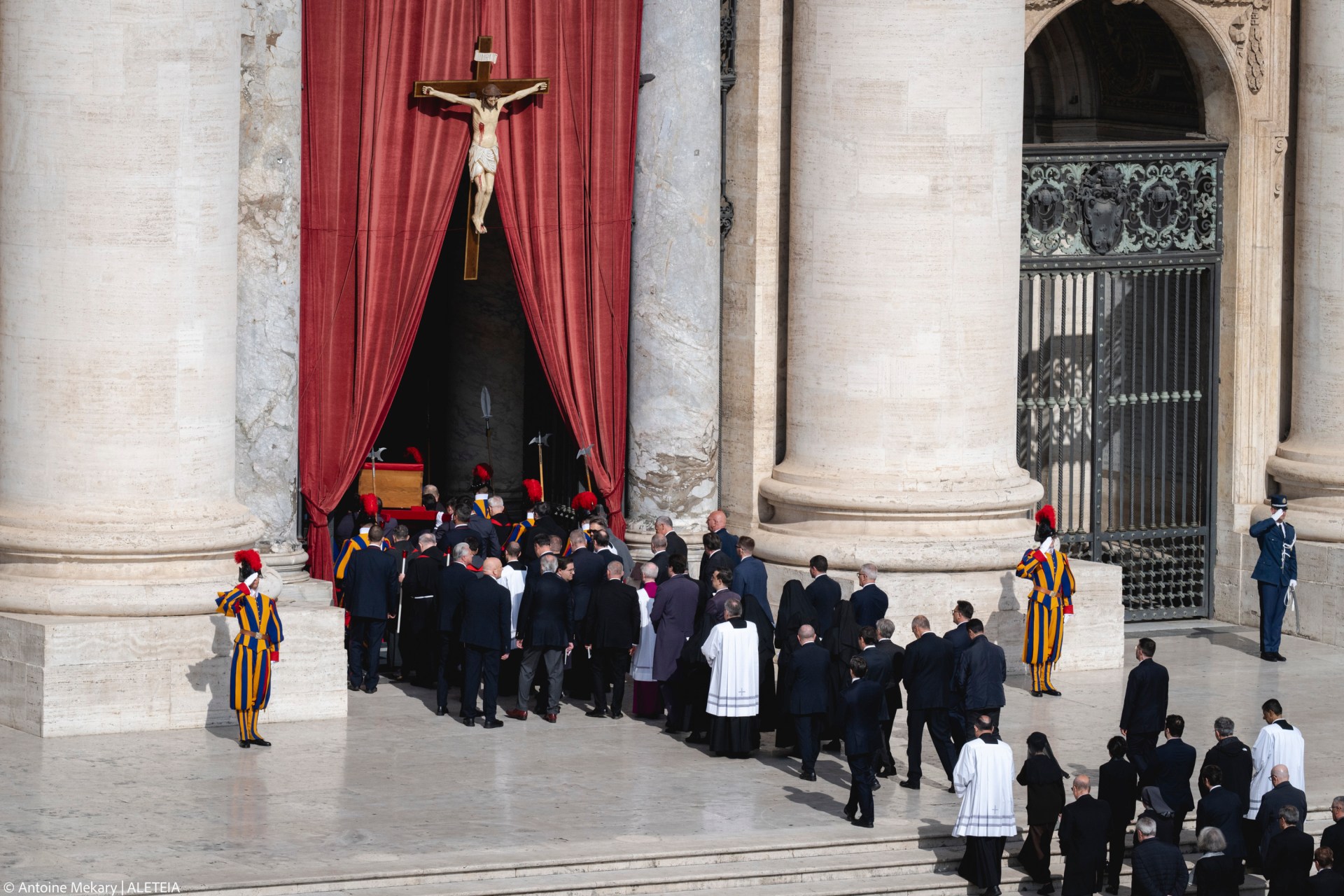 Pallbearers carry the coffin of the late Pope from the chapel of Santa Marta to St. Peter's Basilica in the Vatican on April 23, 2025.