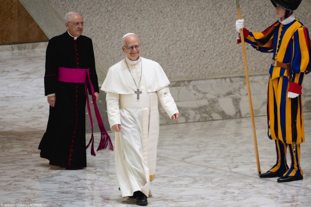 Pope Leo XIV during his audience with media representatives at the Paul VI Hall in the Vatican, on May 12, 2025.