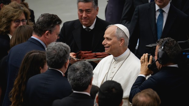 Pope Leo XIV during his audience with media representatives at the Paul VI Hall in the Vatican, on May 12, 2025.