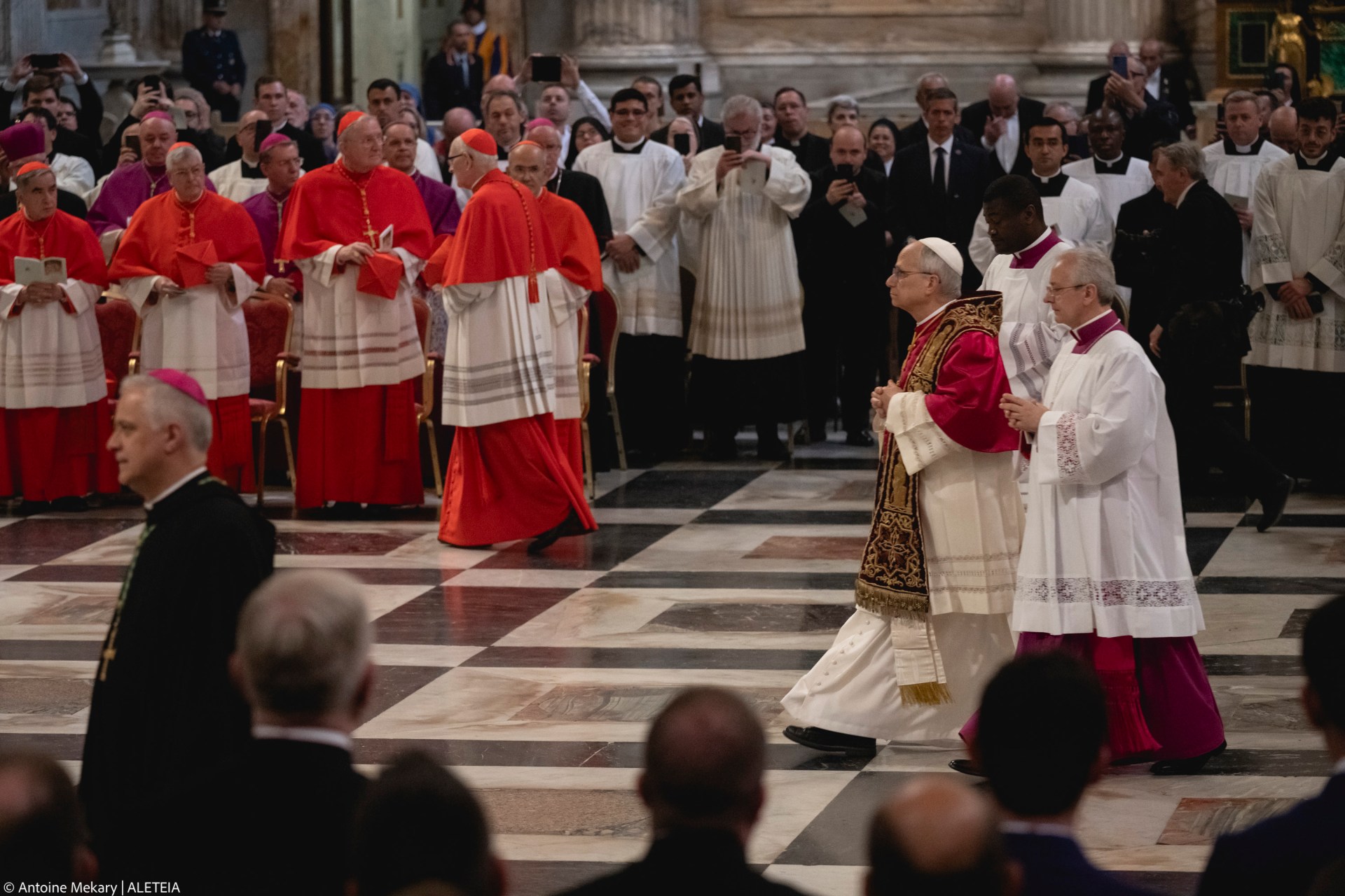 Pope Leo XIV visits the Tomb of St. Paul at the Basilica of Saint Paul outside the Walls in Rome on May 20, 2025