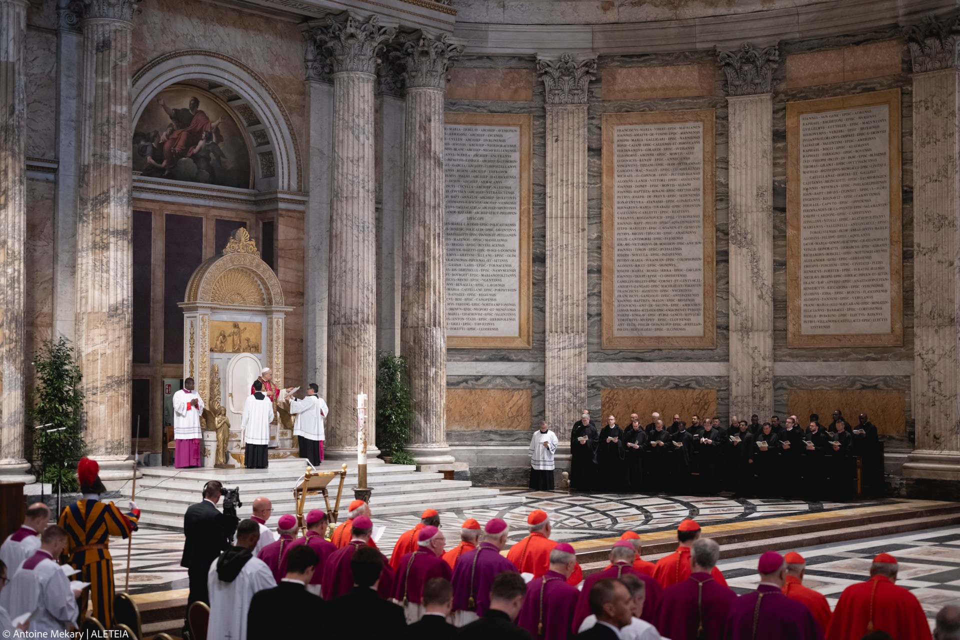 Pope Leo XIV visits the Tomb of St. Paul at the Basilica of Saint Paul outside the Walls in Rome on May 20, 2025