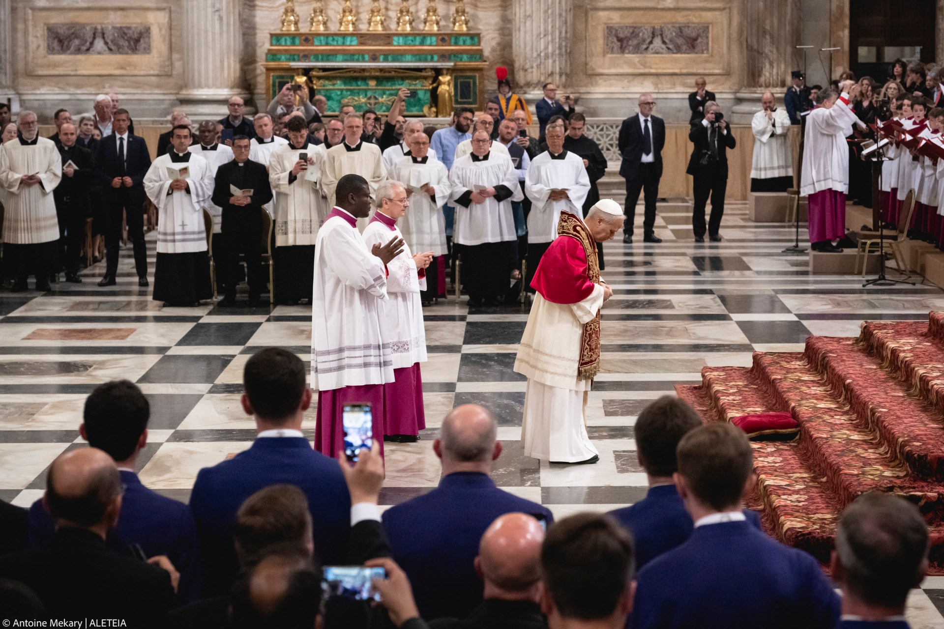Pope Leo XIV visits the Tomb of St. Paul at the Basilica of Saint Paul outside the Walls in Rome on May 20, 2025