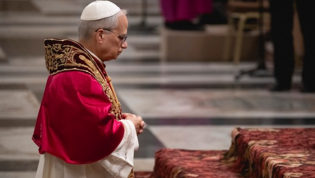 Pope Leo XIV visits the Tomb of St. Paul at the Basilica of Saint Paul outside the Walls in Rome on May 20, 2025