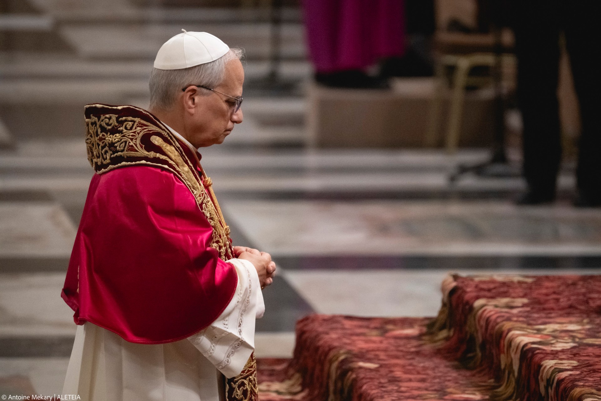 Pope Leo XIV visits the Tomb of St. Paul at the Basilica of Saint Paul outside the Walls in Rome on May 20, 2025