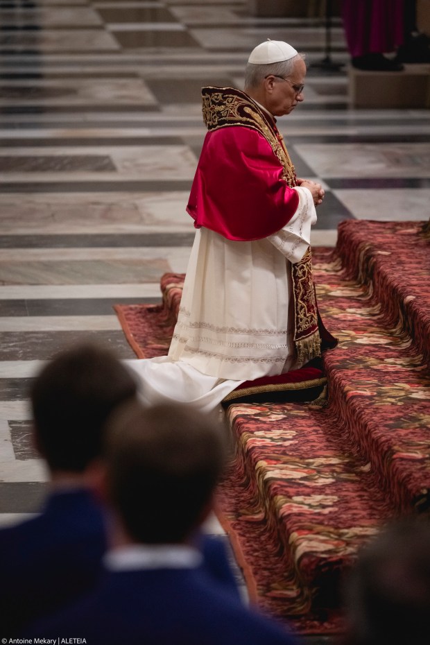 Pope Leo XIV visits the Tomb of St. Paul at the Basilica of Saint Paul outside the Walls in Rome on May 20, 2025