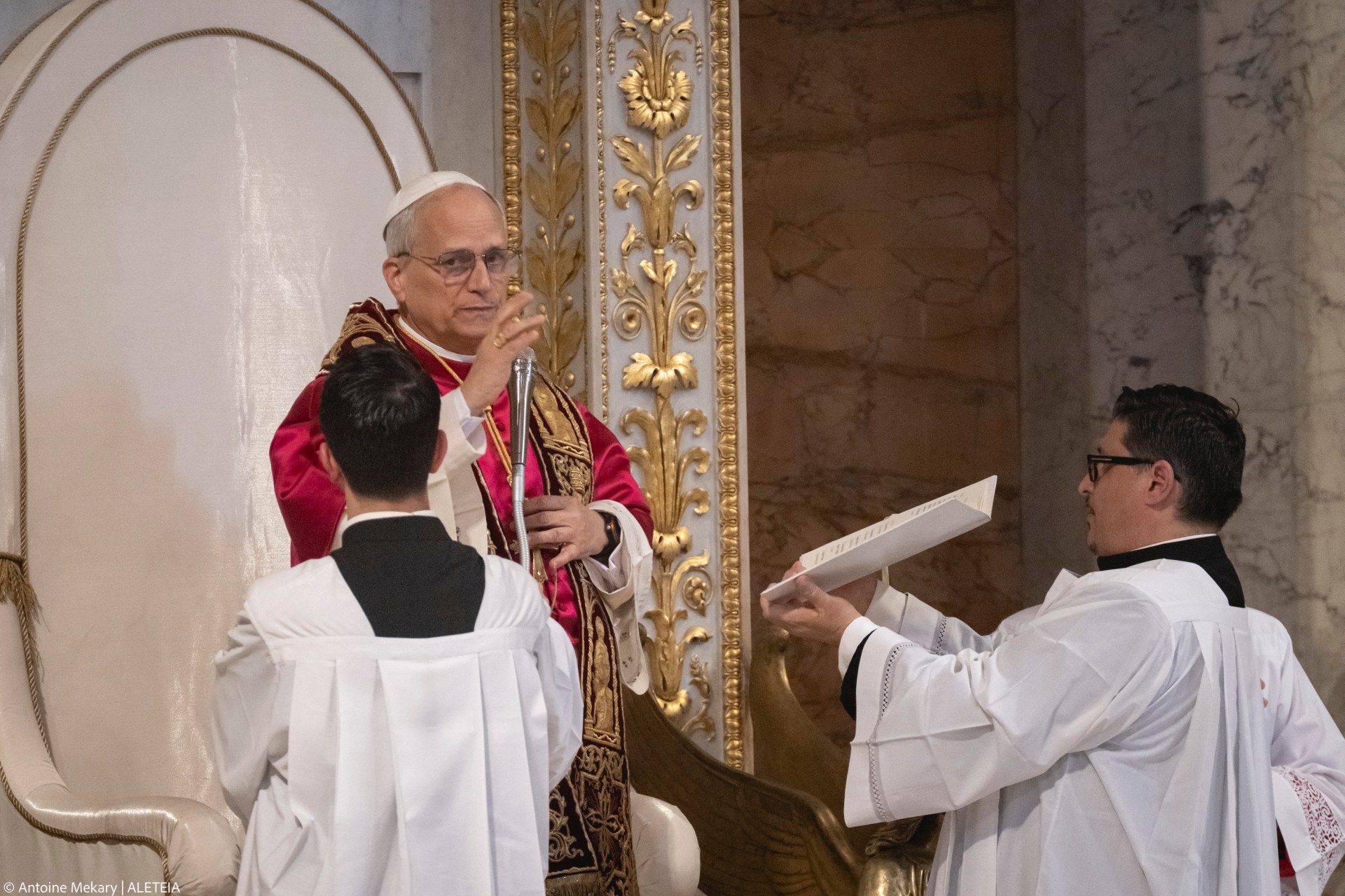 Pope Leo XIV visits the Tomb of St. Paul at the Basilica of Saint Paul outside the Walls in Rome on May 20, 2025