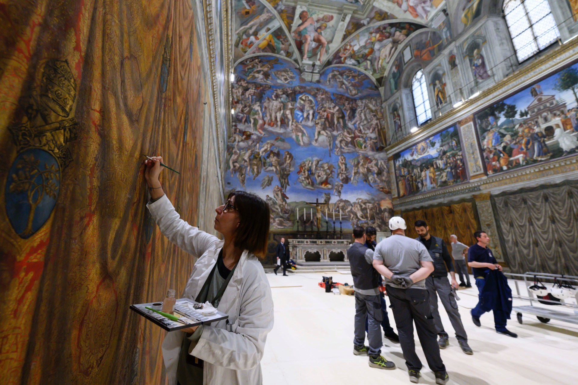 Sistine Chapel and installation of the chimney before the start of the conclave on May 7, 2025