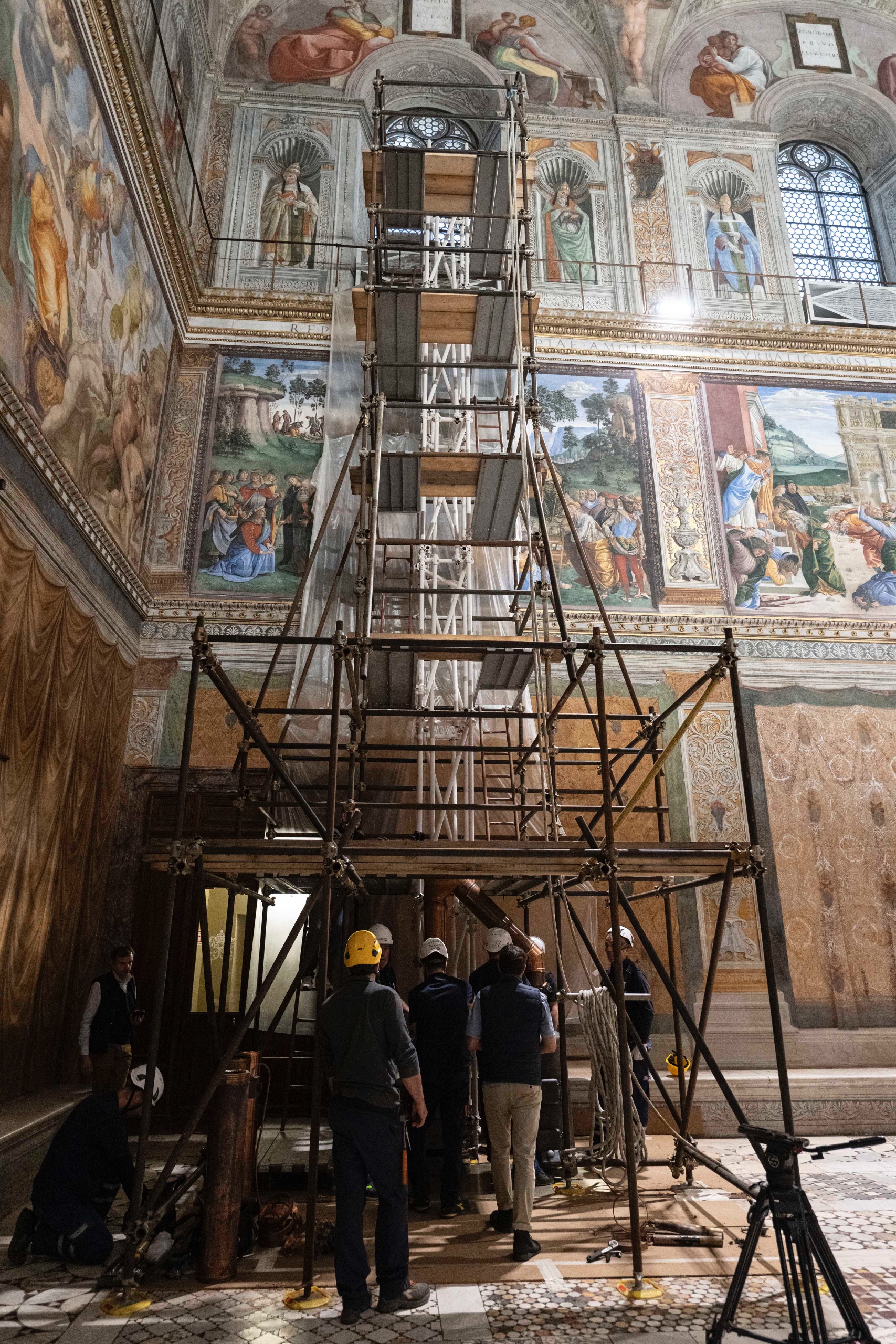 Sistine Chapel and installation of the chimney before the start of the conclave on May 7, 2025