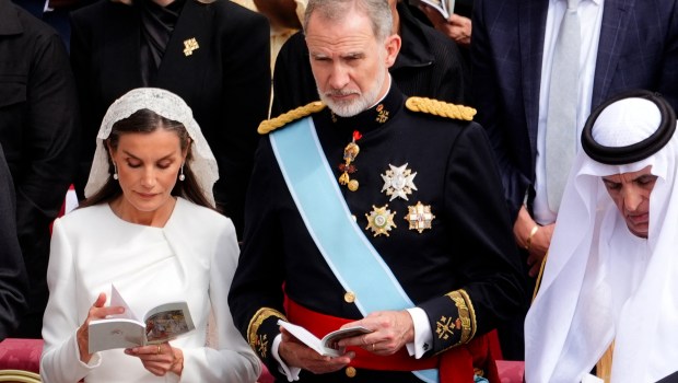Spain's Queen Letizia, Spain's King Felipe VI and Sheikh Saud bin Saqr al Qasimi