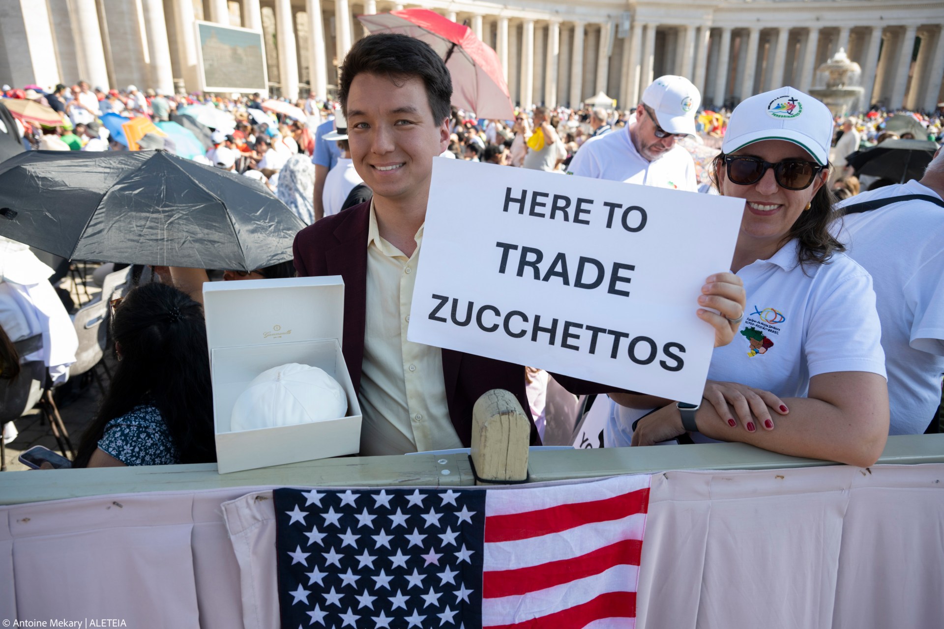 Faithful from USA attend the Mass celebrated by Pope Leo XIV for the Jubilee of families, children, grandparents, and the elderly in St. Peter's Square, Vatican City, on June 1, 2025.