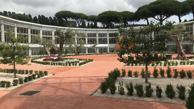 Photo of the main courtyard of the Borgo Laudato si' in Castel Gandolfo