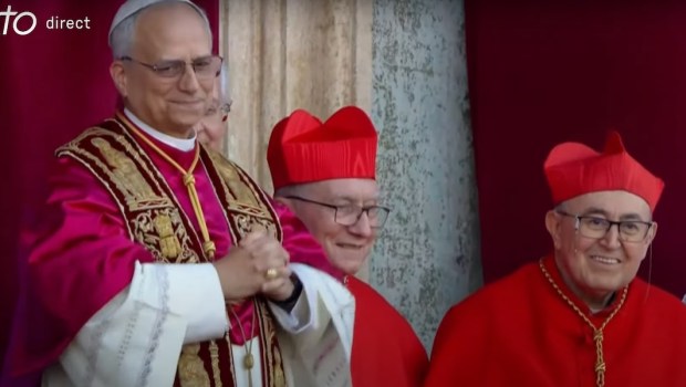 Cardinal Puljic (right) next to Cardinal Parolin and Pope Leo XIV on May 8, 2025