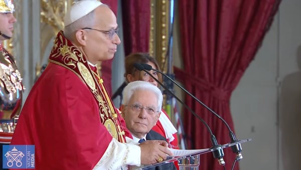 Italian president Sergio Mattarella listens to Leo XIV's discourse at the Quirinal on October 14, 2025