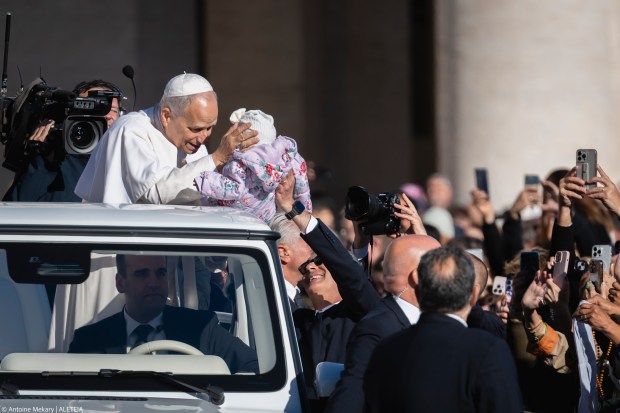 Pope Leo XIV during his weekly general audience in St. Peter's square at the Vatican on November 05, 2025.