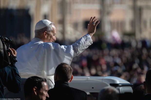 Pope Leo XIV during his weekly general audience in St. Peter's square at the Vatican on November 05, 2025.