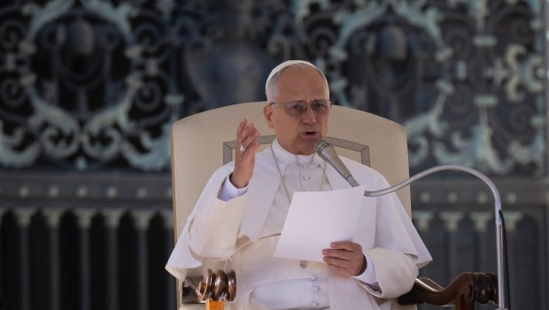 Pope Leo XIV during his weekly general audience in St. Peter's square at the Vatican on November 05, 2025.