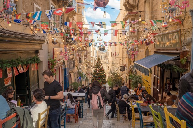 The view of St Lucia street during Christmas time in Valletta, Malta.