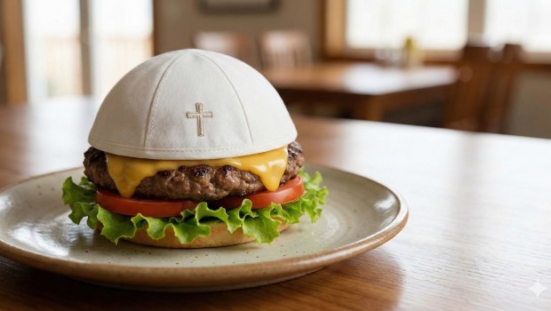 A hamburger with a papal skull cap on top