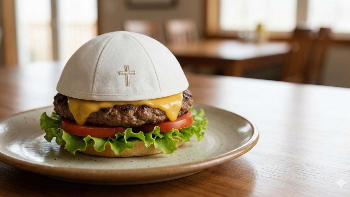 A hamburger with a papal skull cap on top