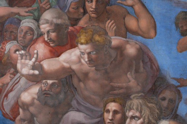 Cappella Sistina, Giudizio universale, dettaglio di un gruppo intorno al Cristo, prima dell’intervento: visibile la patina biancastra che ricopre la pellicola pittorica.