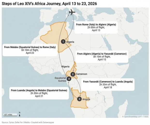 Map of Leo XIV's trip to Africa in 2026