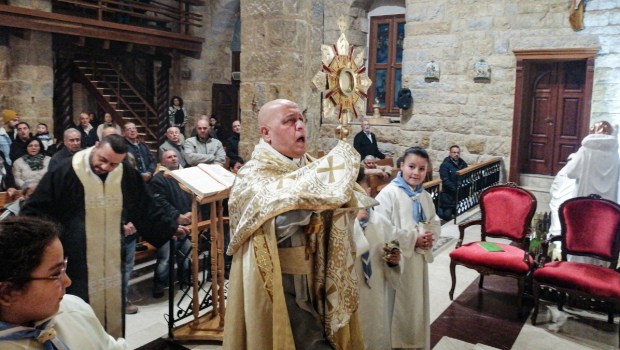 Father Pierre al Rahi celebrating Mass at his parish church in Qlayaa, Lebanon before his death