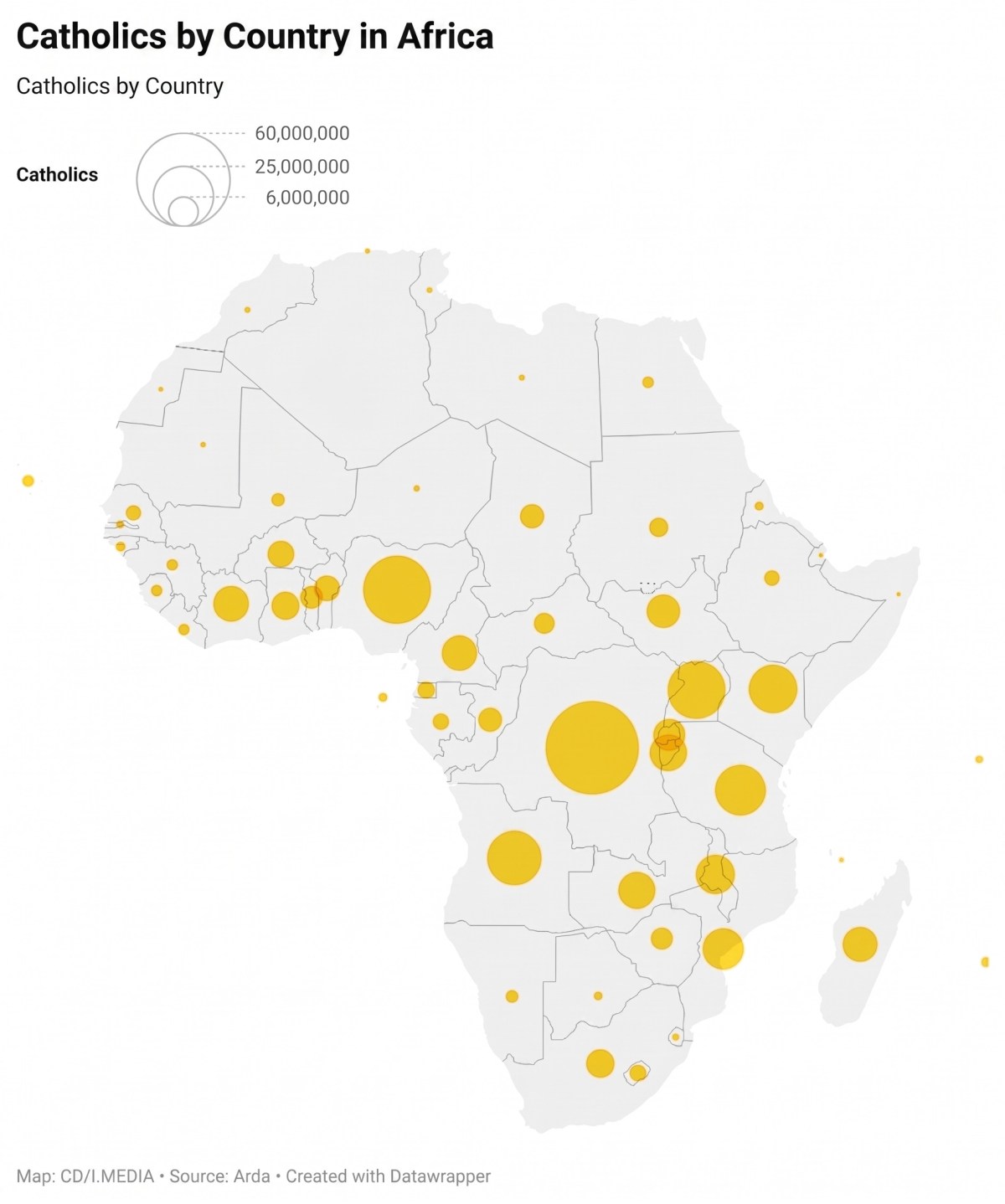 Map showing the number of Catholics per country in Africa