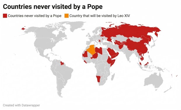 Map of countries never visited by a pope