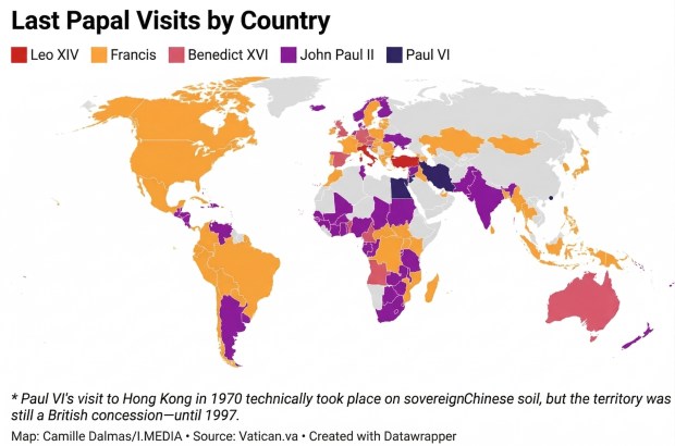 Map of last papal visits by country