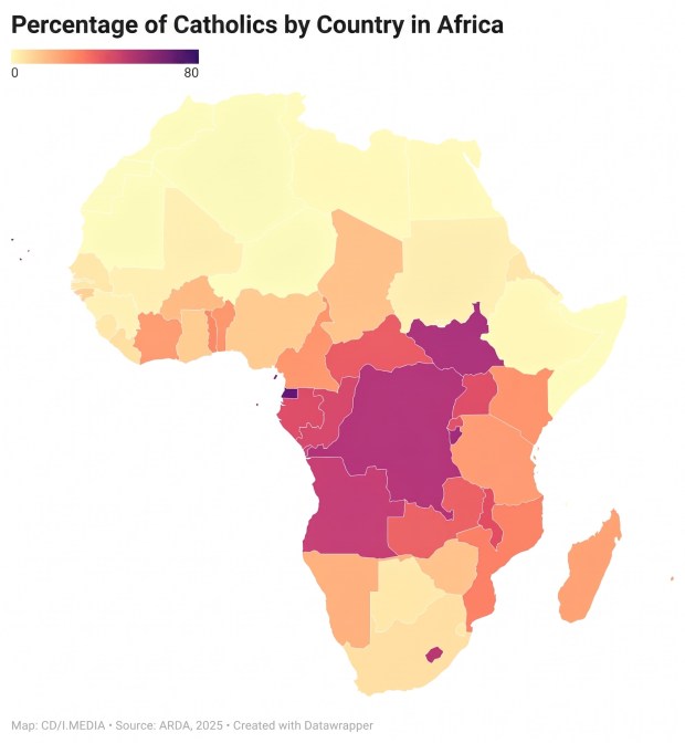 Map showing the percentage of Catholics per country in Africa