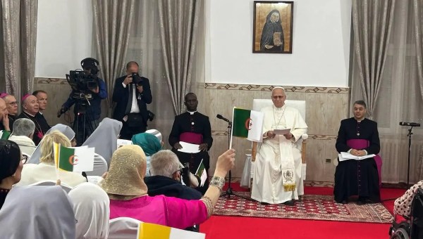 Pope Leo XIV visiting a care home for the elderly in Annaba, run by the Little Sisters of the Poor, on April 14, 2026