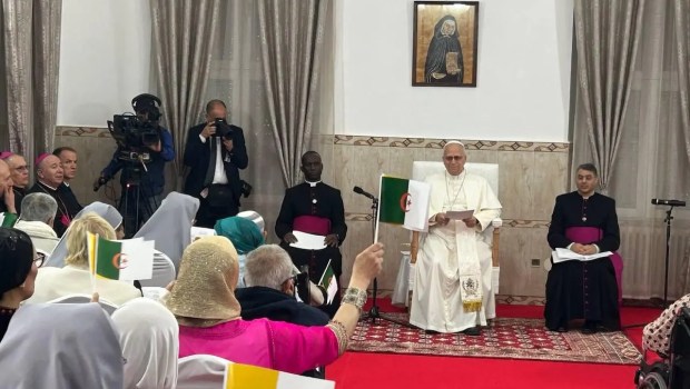 Pope Leo XIV visiting a care home for the elderly in Annaba, run by the Little Sisters of the Poor, on April 14, 2026