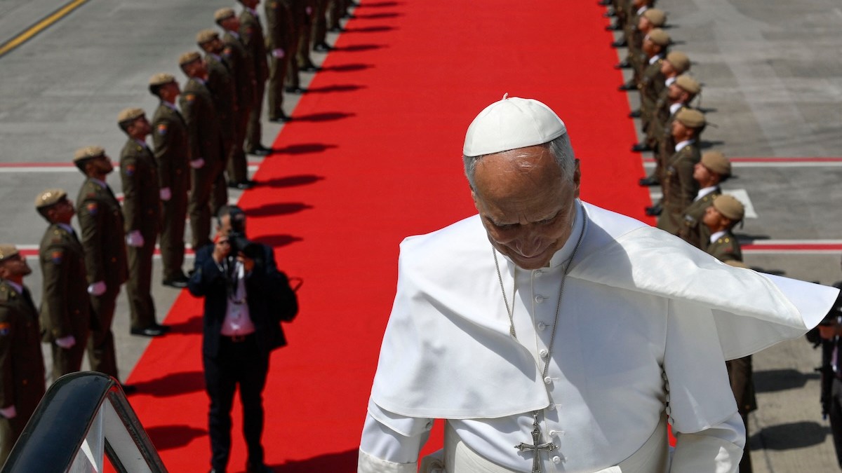 Pope Leo XIV boarding his plane at Los Rodeos International Airport on the Canary Island of Tenerife