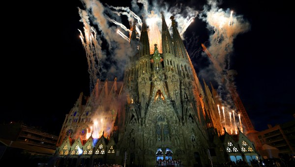 fireworks during the inauguration of Jesus Christ tower by Pope Leo XIV in the Basilica of the Sagrada Familia
