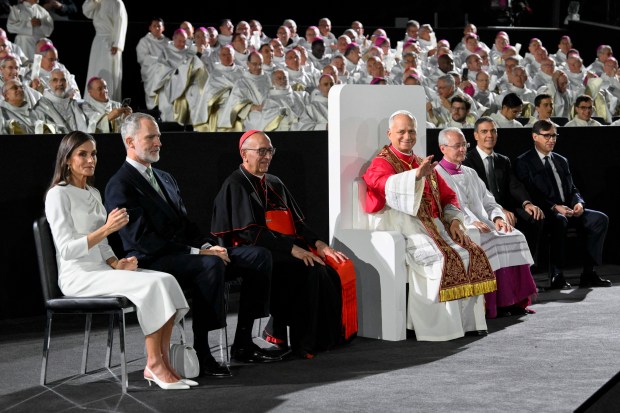 Queen Letizia and King Felipe of Spain, Spanish Prime minister Pedro Sanchez and Catalan President Slvador Illa during the inauguration by Pope Leo XIV (C) of the Jesus Christ tower of the Sagrada Familia Basilica in Barcelona.